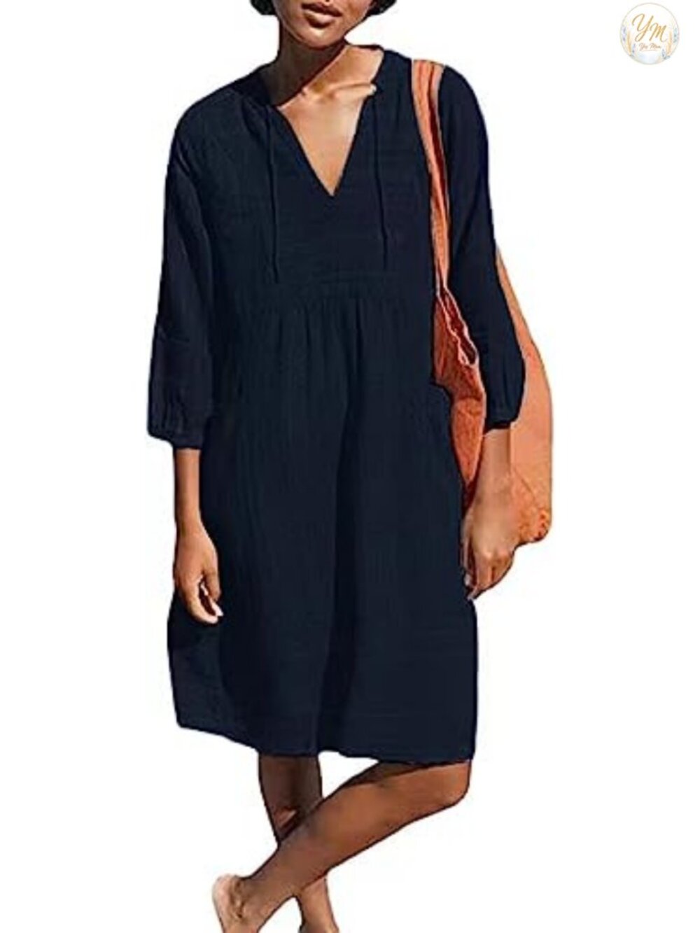 Womens V Neck Cotton Loose Shift Tunic Smock Summer Dress 3/4 Sleeve